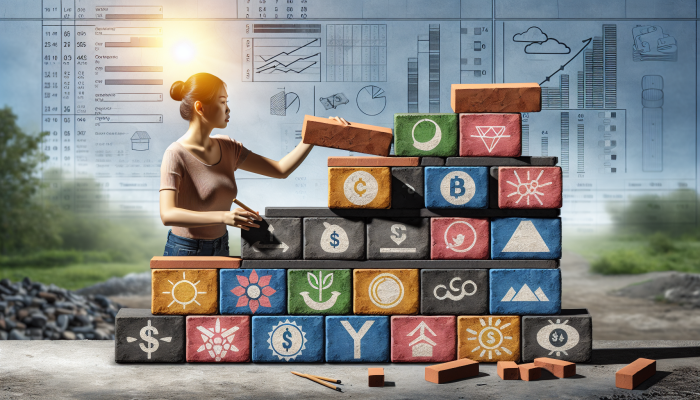 Budgeting for Debt Consolidation Costs: Effective Strategies Revealed | DCL A person building a foundation with bricks labeled as budgeting fundamentals, against a clear financial landscape.
