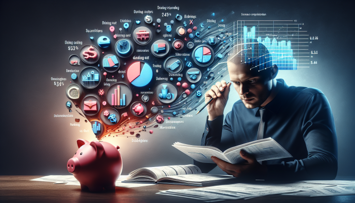 Budgeting for Debt Consolidation Costs: Effective Strategies Revealed | DCL Person reviewing expenses on spreadsheet, highlighting dining out and subscriptions, with growing piggy bank in background.