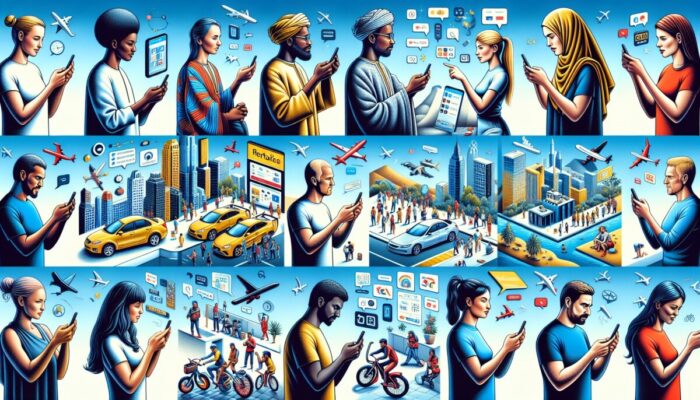Diverse travelers utilizing smartphones and digital wallets for versatile rental payments worldwide.