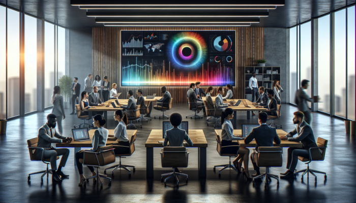 A modern office with a digital screen showing Google Business Analytics dashboards, team strategising data optimisation.