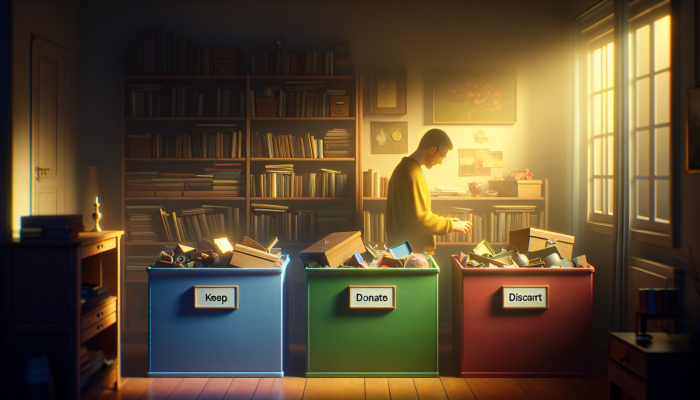 Individual sorting sentimental items into 'keep', 'donate', 'discard' boxes, reflecting thoughtfully in a softly lit room.