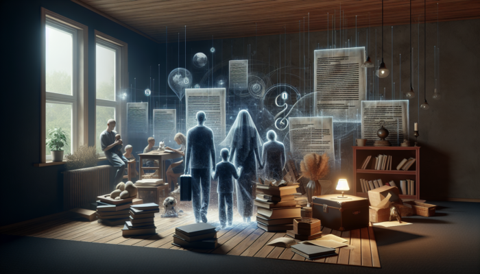 Family amidst legal documents and personal items, dealing with the complexities of probate and estate clearance.