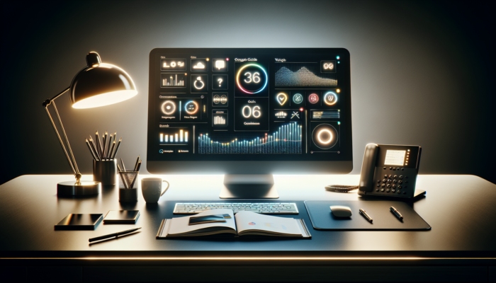 A modern office desk with a computer displaying Google Voice, surrounded by essential business communication tools.