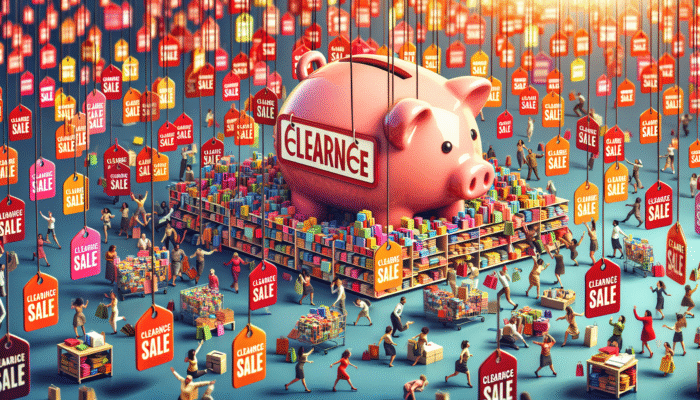 Colourful clearance sale signs, shoppers grabbing discounts, growing piggy bank in foreground.
