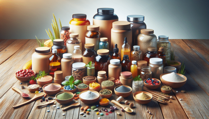 A variety of supplement bottles and natural ingredients for recovery displayed on a wooden table.