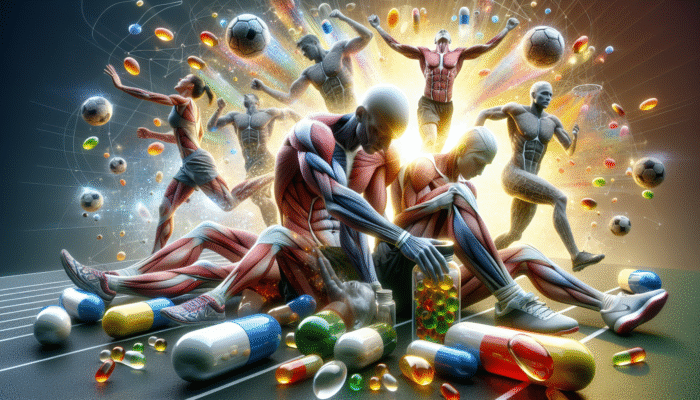 Athletes undergoing recovery with visible Vitamin C, E, magnesium, and zinc capsules, supporting muscle and joint repair.