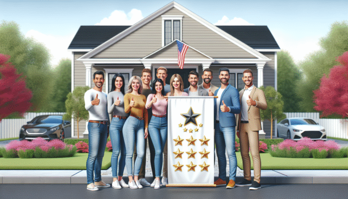 Satisfied homeowners giving thumbs-up in front of their home, showcasing a banner with top-rated home service logo and reviews.