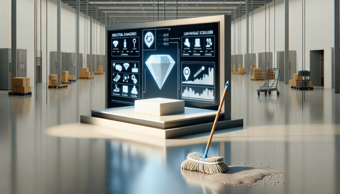 Industrial diamond tools and low-moisture scrubbers gently treating stone, creating a lasting shine, in contrast to a standard supermarket mop.