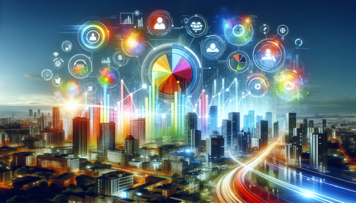 A vibrant Bing business profile showcasing graphs of increased traffic and trust, set against a lively city background.