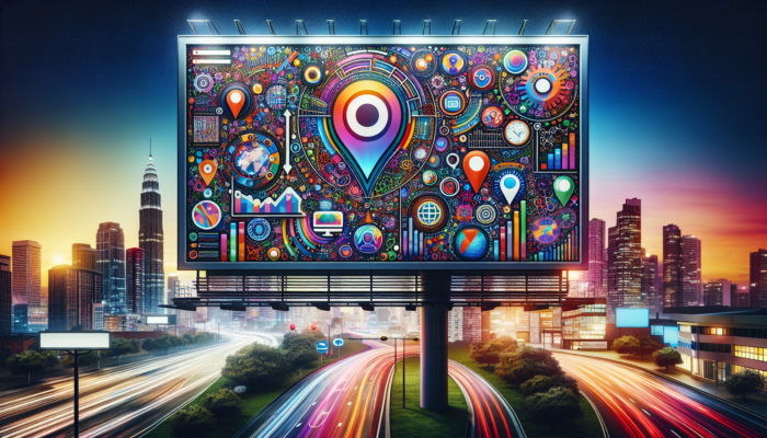 A vibrant digital billboard displaying "Boost Your Local SEO with Bing My Business" alongside SEO-related icons against a cityscape at dusk.