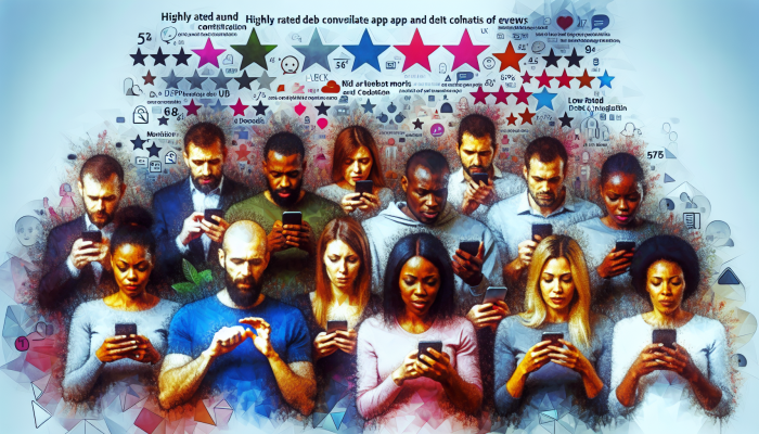 UK users on smartphones reviewing and discussing debt consolidation app ratings on App Store and Google Play.