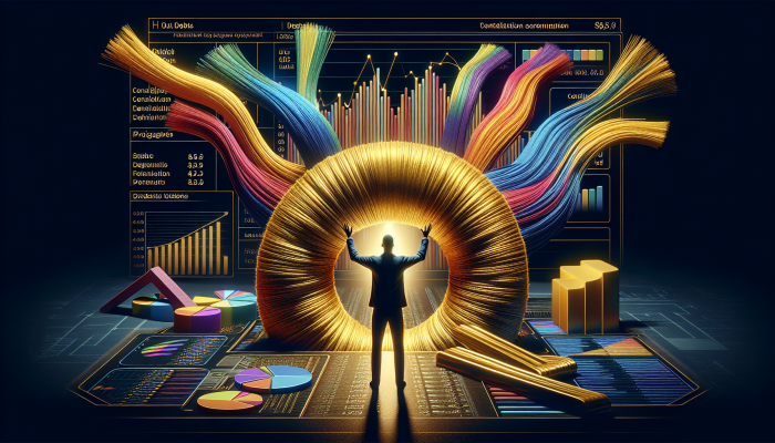 Debt Consolidation And Self-Esteem Recovery: A Guide to Financial Wellness | DCL Debt Consolidation And Self-Esteem Recovery: A person consolidates debts into one loan, symbolised by merging colourful threads into a golden thread, with financial charts.