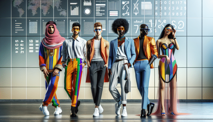 A vibrant fashion scene with colourful outfits, trendy accessories, and chic hairstyles in a modern urban setting.
