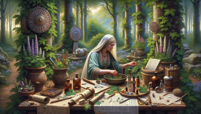 Sophisticated Herbal Tincture Formulations: An ancient Celtic herbalist crafting a tincture in a UK forest, blending indigenous and Roman knowledge.