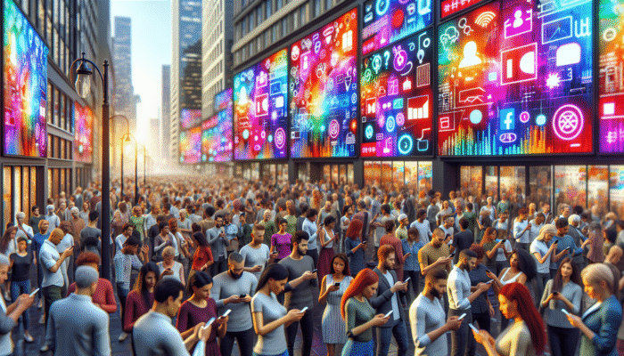 Local SEO Companies: A busy city street with digital billboards showing a local business's SEO-optimised website, attracting smartphone-using customers.