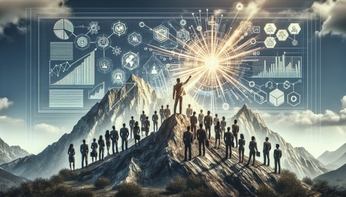 Utilise Thought Leadership for E-E-A-T Signals: A visionary leader on a mountain guides a crowd with a glowing map, symbolising thought leadership.