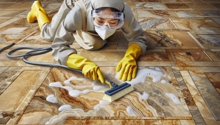 A close-up of well-maintained travertine tiles with a person using cleaning tools, emphasising regular care.