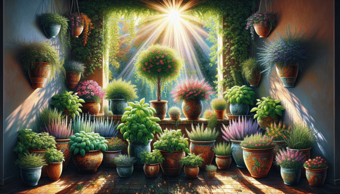 A vibrant herb garden on a sunlit balcony with basil, thyme, and mint in colourful pots.