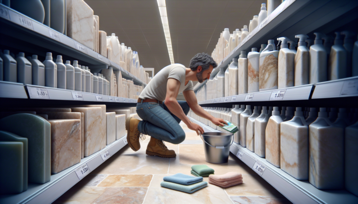 Individual selecting pH-neutral cleaner, soft cloths, and bucket in UK supermarket aisle with travertine tiles in background.