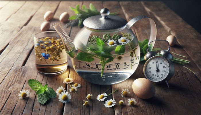 Herbs steeping in glass teapots alongside timers on a wooden table, enhancing tea flavours.