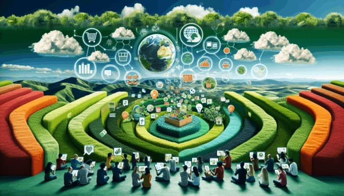 Infographic showcasing sustainable living trends, zero-waste tips, and eco-friendly product reviews, featuring diverse consumers engaging with digital devices.