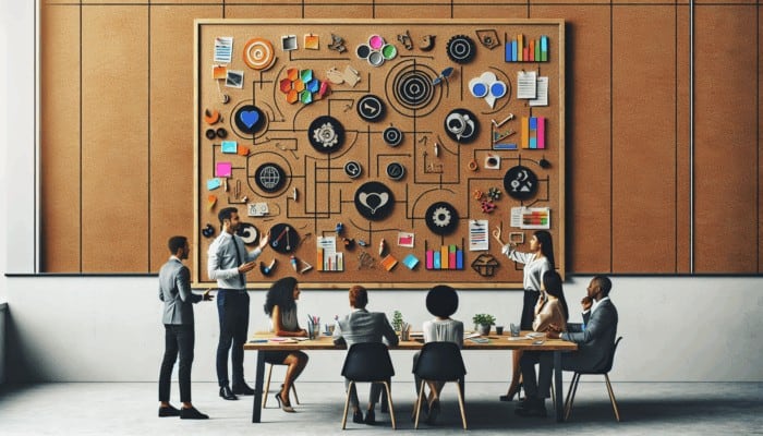 A creative workspace with a planning board and team members discussing strategies for video content.