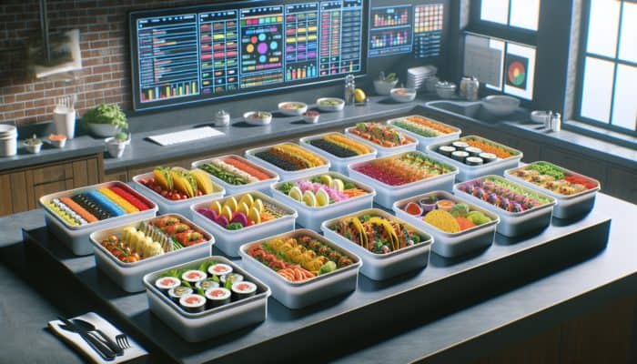 Vibrant protein-rich meals in containers, showcasing sushi, tacos, and curries on a kitchen counter.