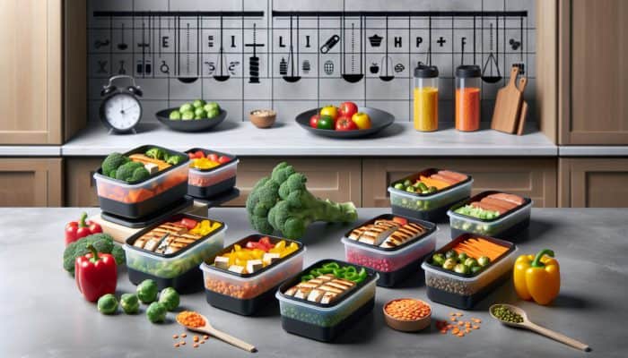 An assortment of meal prep containers filled with protein-rich foods like chicken, tofu, lentils, and salmon.
