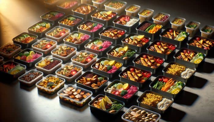 A variety of meal prep containers with protein-rich foods like chicken, tofu, quinoa, lentils on a modern kitchen counter.
