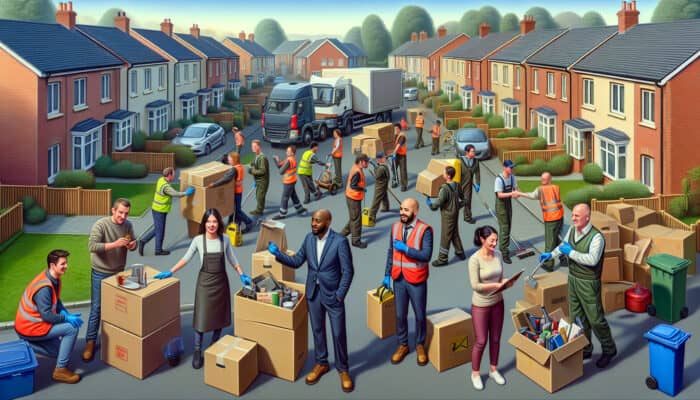 A dedicated local UK clearance team efficiently clearing a home, offering personalised services and negotiating prices with clients.