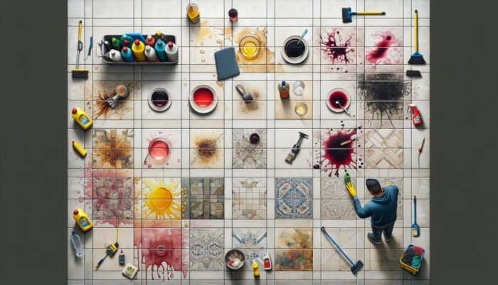 Porcelain tiles showing stains from wine, coffee, and grease; person cleaning with various tools and solutions.