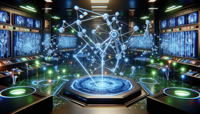 Leverage AI for Backlink Opportunity Analysis: Glowing networks of AI algorithms analysing vibrant nodes representing backlinks in a futuristic control room, enhancing SEO.