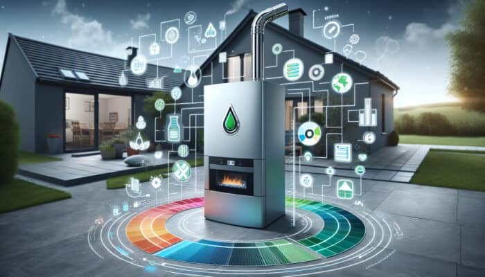 Modern eco-friendly boiler in a UK home, with energy efficiency and carbon reduction graphs.