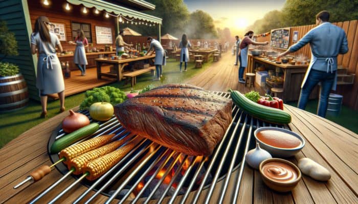 A seasoned brisket on a BBQ grill accompanied by vegetables and marinade, set in an outdoor cooking environment.