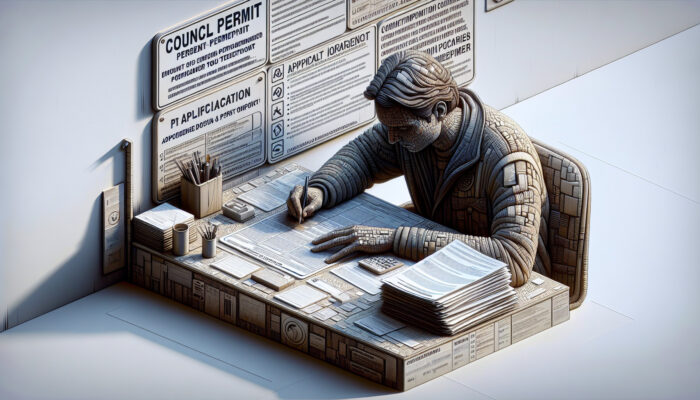 Individual filling out a council permit application form at a desk surrounded by documents and guidelines.