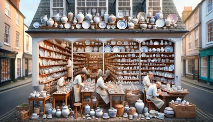 A welcoming East Calder porcelain repair shop with artisans restoring ceramics, providing bespoke consultations.