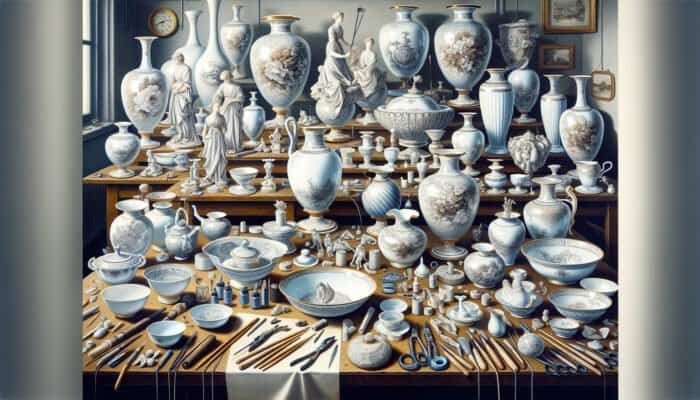 Skilled artisans in East Calder repairing porcelain items such as vases and figurines.