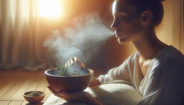 Individual inhaling steam from a bowl infused with eucalyptus and peppermint, enveloped in a warm mist for respiratory health benefits.