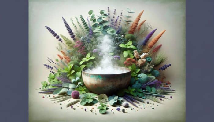 A serene spa arrangement featuring eucalyptus, mint, and lavender surrounding a steaming bowl for inhalation.