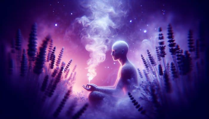 Individual inhaling soothing lavender steam in a calm home spa, surrounded by tranquil purple hues.