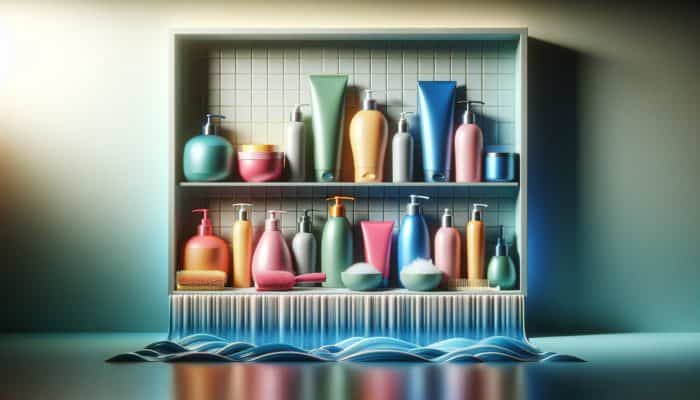 An attractive selection of moisture-rich hair care products displayed on a contemporary bathroom shelf, enhancing hair health.