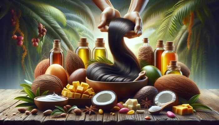 Natural oils and butters like argan, jojoba, coconut, shea, and mango nourishing various hair types.