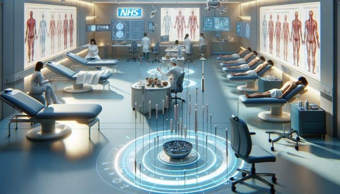 The Future of Acupuncture in Healthcare: A tranquil NHS clinic with patients receiving acupuncture for pain relief, merging contemporary and traditional elements.