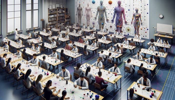 A diverse group of aspiring acupuncturists studying acupuncture in a contemporary UK classroom.