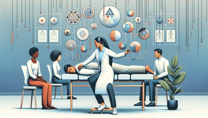 A peaceful acupuncture clinic featuring a certified practitioner and diverse patients in a professional environment.