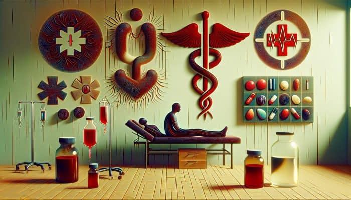 Person fasting in a quiet room for health check, surrounded by medical symbols, clock, blood vials, and medication list.