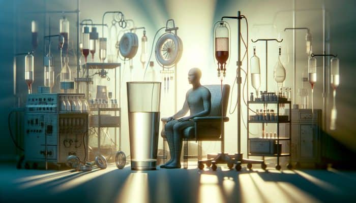 Person fasting 8-12 hours before blood test in South Ockenden clinic, with medical equipment and water.