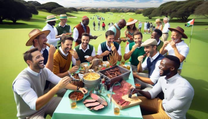 Players enjoying a break at a South African golf course, eating traditional braai and biltong, laughing over a catered meal.