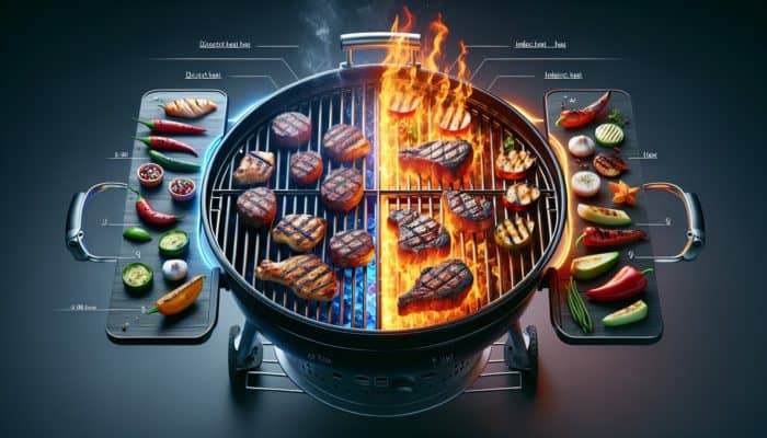 Best Beginner BBQ Books to Read: A grill showcasing direct and indirect heat zones, with steaks and vegetables searing on one side, and chicken cooking slowly on the other.