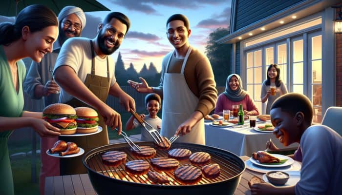 A novice griller serving juicy burgers, tender ribs, and grilled chicken to impressed family and friends in a warm backyard atmosphere.